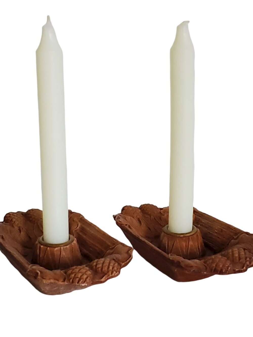 Pineapple Rustic Candle Stick Holders 2 Piece Flat 3.5" x 6.25" Brown Resin
